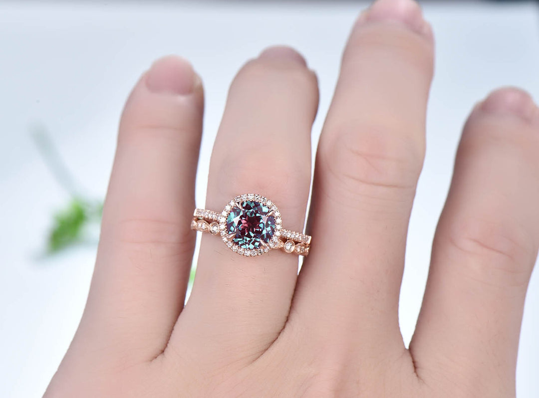 Antique Art Deco Alexandrite Engagement Ring Set, Moissanite Diamond Halo - PENFINE