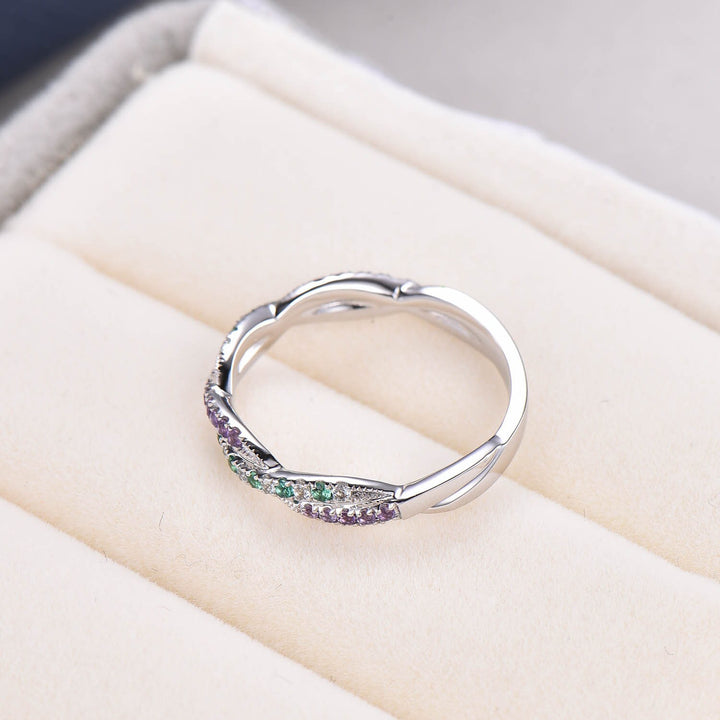 Natural emerald wedding ring amethyst ring aquamarine wedding band half eternity stacking matching band 14k white gold custom jewelry gift - PENFINE