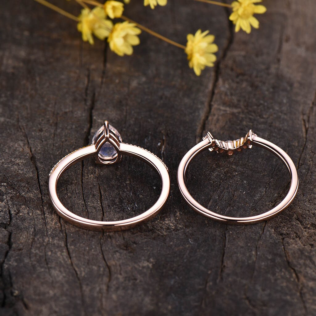 Vintage Pear Moonstone Engagement Ring Set, Antique Diamond Wedding Band
