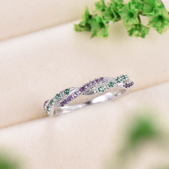 Natural emerald wedding ring amethyst ring aquamarine wedding band half eternity stacking matching band 14k white gold custom jewelry gift - PENFINE