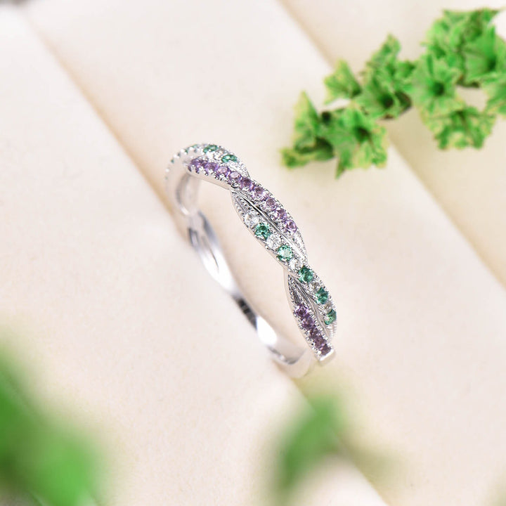 Natural emerald wedding ring amethyst ring aquamarine wedding band half eternity stacking matching band 14k white gold custom jewelry gift - PENFINE