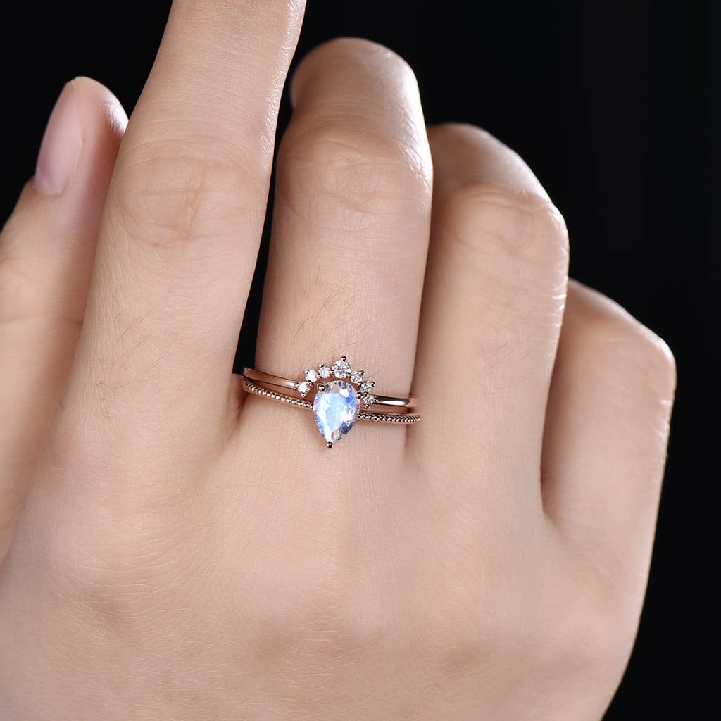 Vintage Pear Moonstone Engagement Ring Set, Antique Diamond Wedding Band