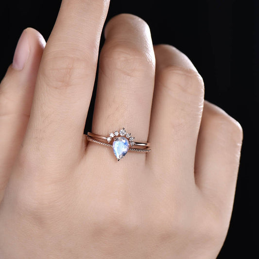 Vintage Pear Moonstone Engagement Ring Set, Antique Diamond Wedding Band