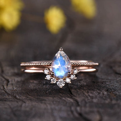 Vintage Pear Moonstone Engagement Ring Set, Antique Diamond Wedding Band