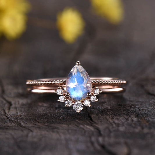 Vintage Pear Moonstone Engagement Ring Set, Antique Diamond Wedding Band