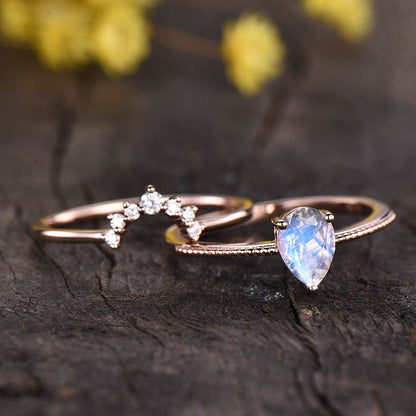 Vintage Pear Moonstone Engagement Ring Set, Antique Diamond Wedding Band