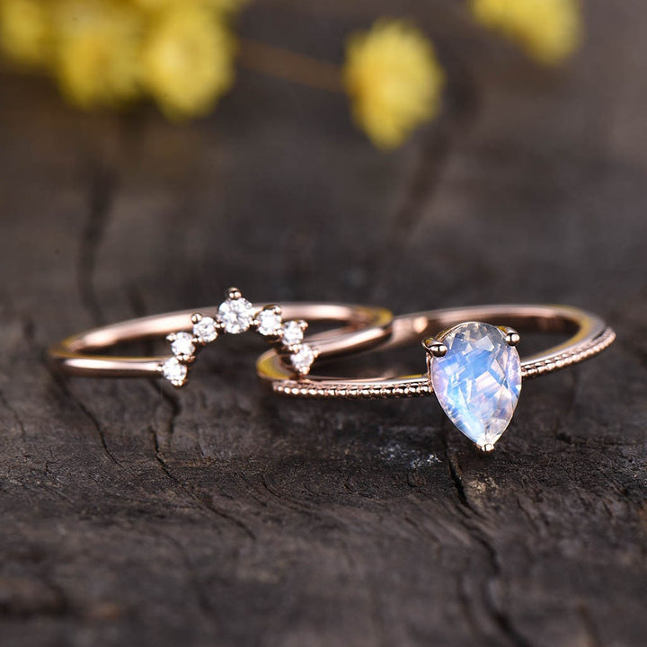 Vintage Pear Moonstone Engagement Ring Set, Antique Diamond Wedding Band