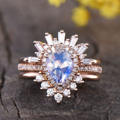 Art Deco Moonstone Engagement Ring Set, Rose Gold Antique Style