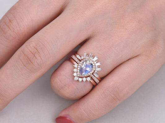 Art Deco Moonstone Engagement Ring Set, Rose Gold Antique Style