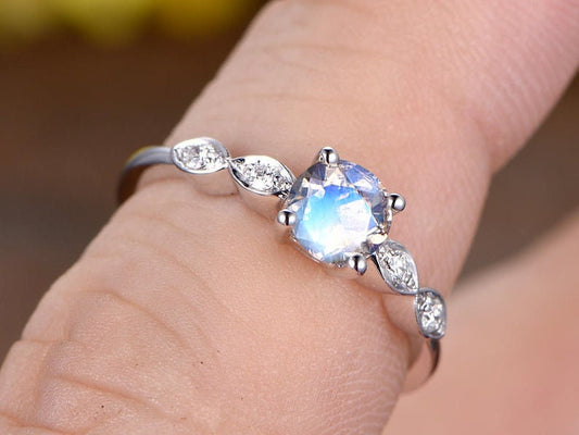 Rainbow Moonstone Ring, Art Deco 14K Rose Gold, Diamond Solitaire