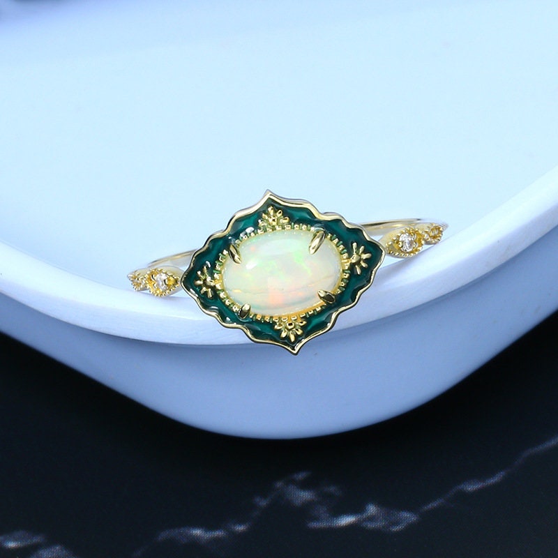 Vintage White Opal Engagement Ring Unique Green Enamel Solid Gold Fire Opal Wedding Ring Women Art Deco Anniversary Valentine Gift For Her - PENFINE