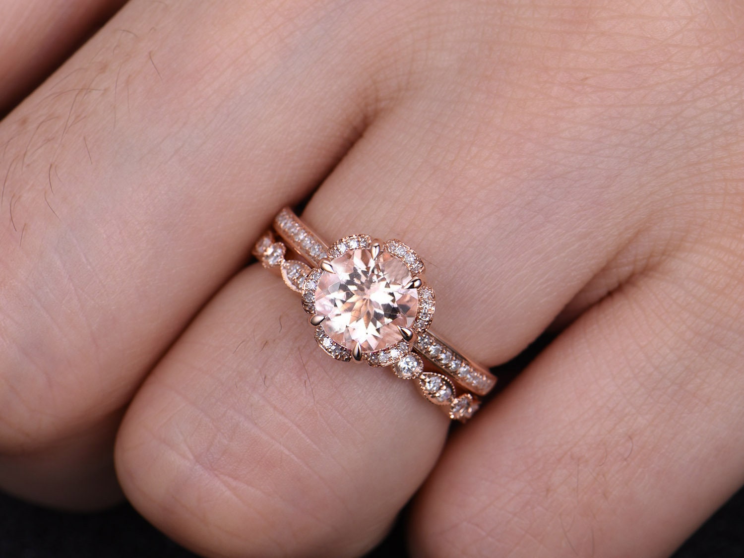 Vintage Art Deco Morganite Bridal Ring Set, Rose Gold Flower Engagement Ring