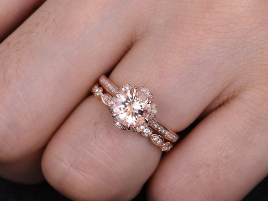 Vintage Art Deco Morganite Bridal Ring Set, Rose Gold Flower Engagement Ring