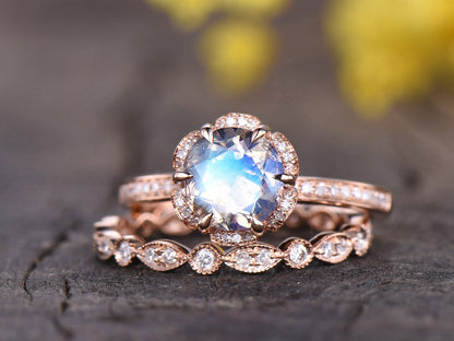 Rose Gold Moonstone Engagement Ring Set, Vintage Floral Wedding Band