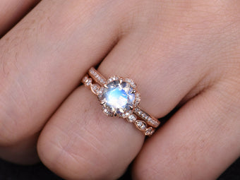 Rose Gold Moonstone Engagement Ring Set, Vintage Floral Wedding Band