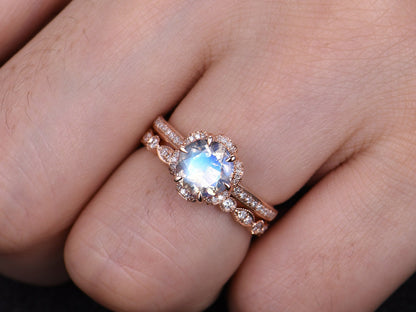Rose Gold Moonstone Engagement Ring Set, Vintage Floral Wedding Band