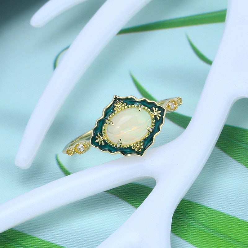 Vintage White Opal Engagement Ring Unique Green Enamel Solid Gold Fire Opal Wedding Ring Women Art Deco Anniversary Valentine Gift For Her - PENFINE