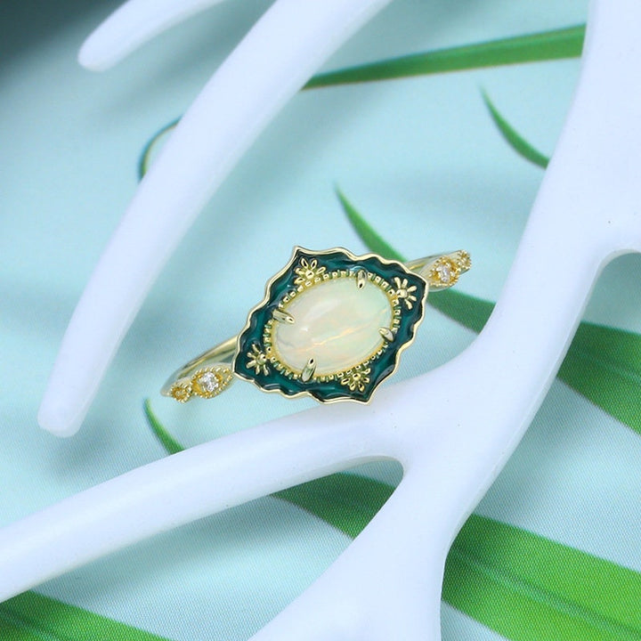 Vintage White Opal Engagement Ring Unique Green Enamel Solid Gold Fire Opal Wedding Ring Women Art Deco Anniversary Valentine Gift For Her - PENFINE