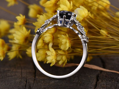 Rainbow Moonstone Engagement Ring, White Gold Floral Vintage Ring
