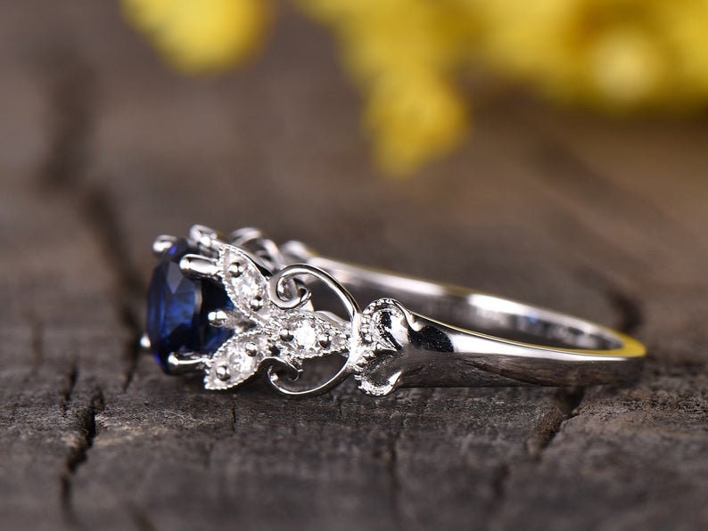 Rainbow Moonstone Engagement Ring, White Gold Floral Vintage Ring