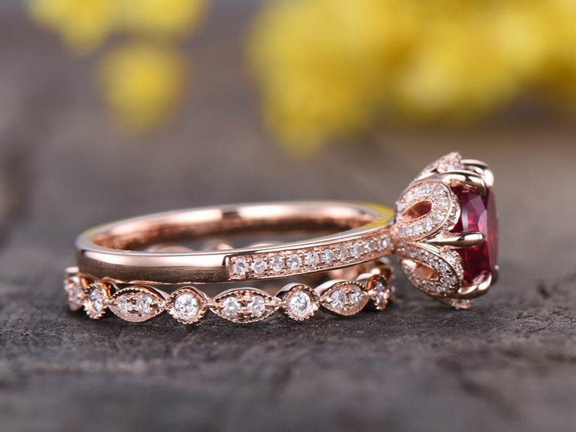 Rose Gold Moonstone Engagement Ring Set, Vintage Floral Wedding Band