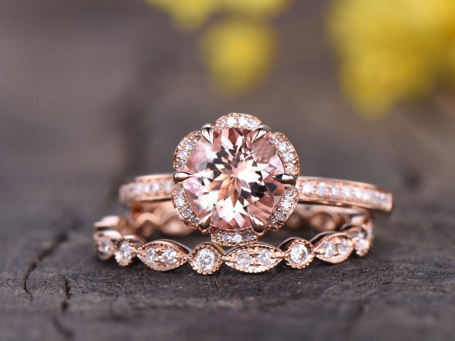 Vintage Art Deco Morganite Bridal Ring Set, Rose Gold Flower Engagement Ring