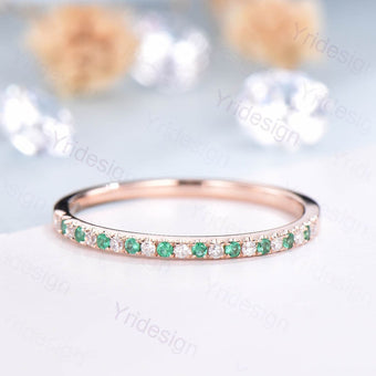 Dainty 14k Rose Gold Emerald Diamond Wedding Band - PENFINE