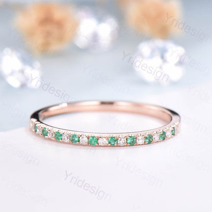 Dainty 14k Rose Gold Emerald Diamond Wedding Band - PENFINE