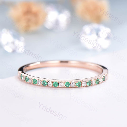 Dainty 14k Rose Gold Emerald Diamond Wedding Band - PENFINE