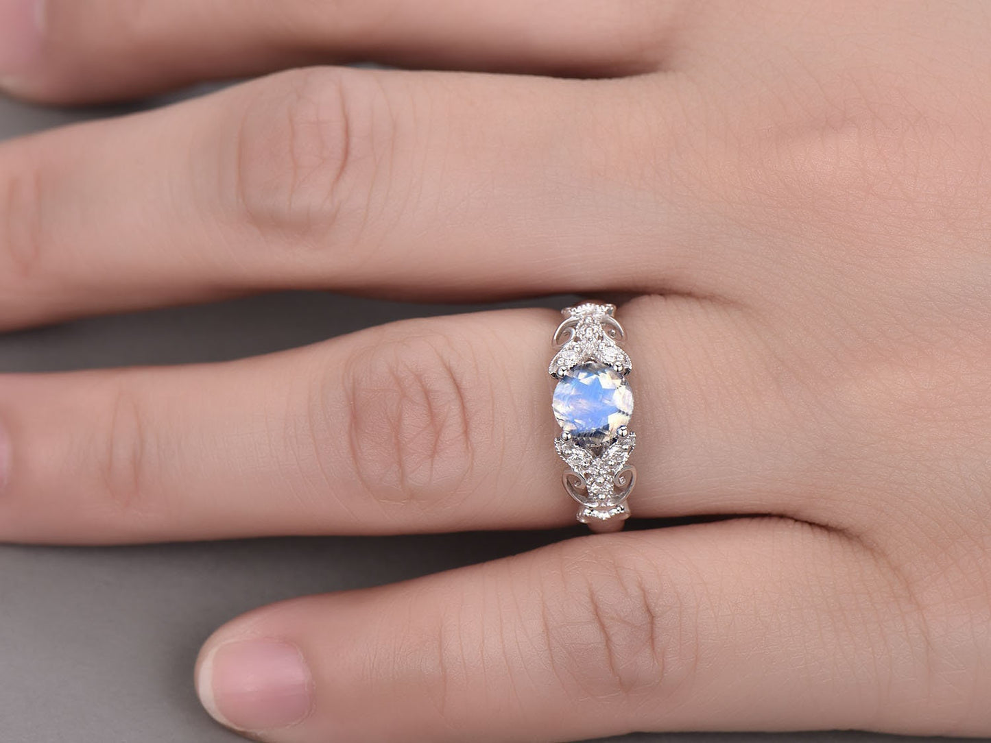 Rainbow Moonstone Engagement Ring, White Gold Floral Vintage Ring