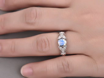 Rainbow Moonstone Engagement Ring, White Gold Floral Vintage Ring