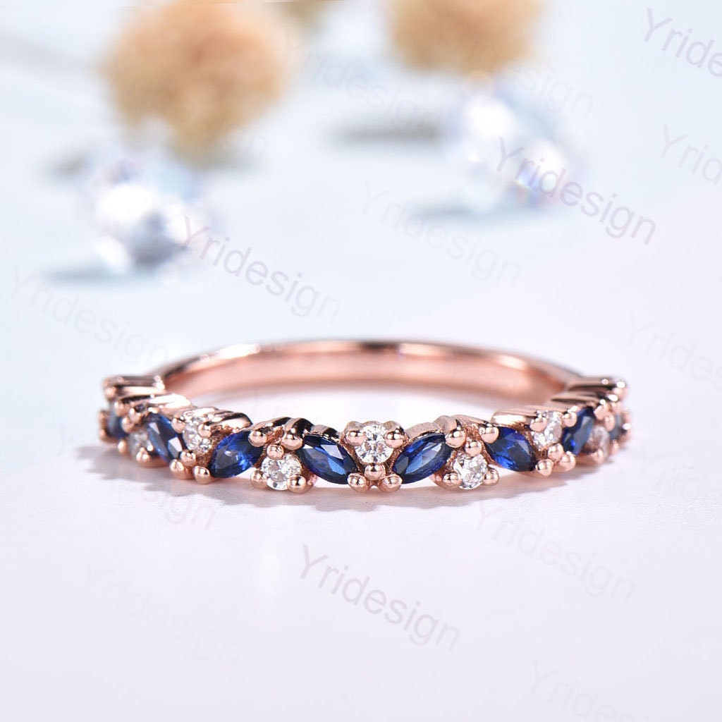 Vintage Sapphire Wedding band women rose gold marquise cut wedding band Matching Stacking half eternity Promise Simple Anniversary ring - PENFINE