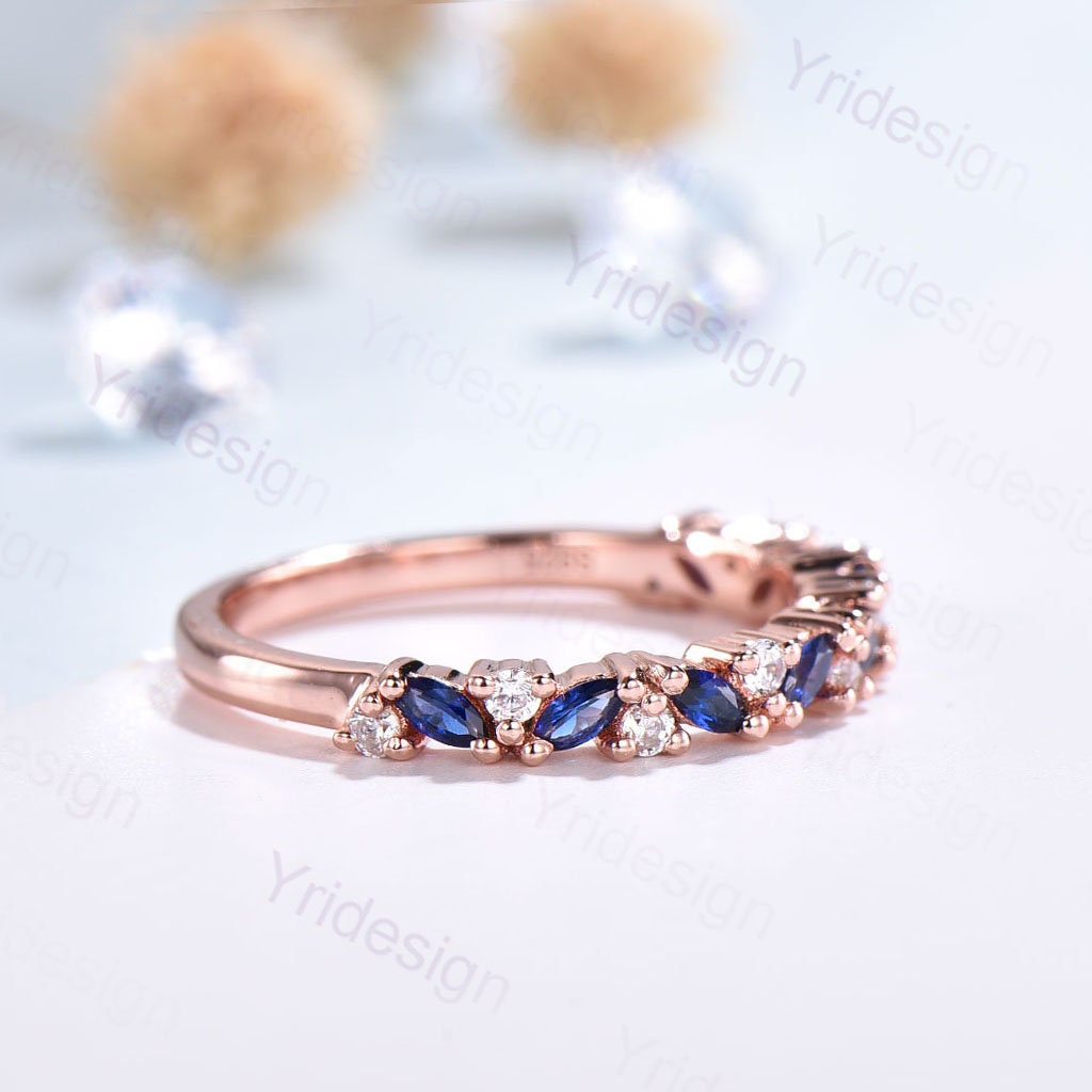 Vintage Sapphire Wedding band women rose gold marquise cut wedding band Matching Stacking half eternity Promise Simple Anniversary ring - PENFINE