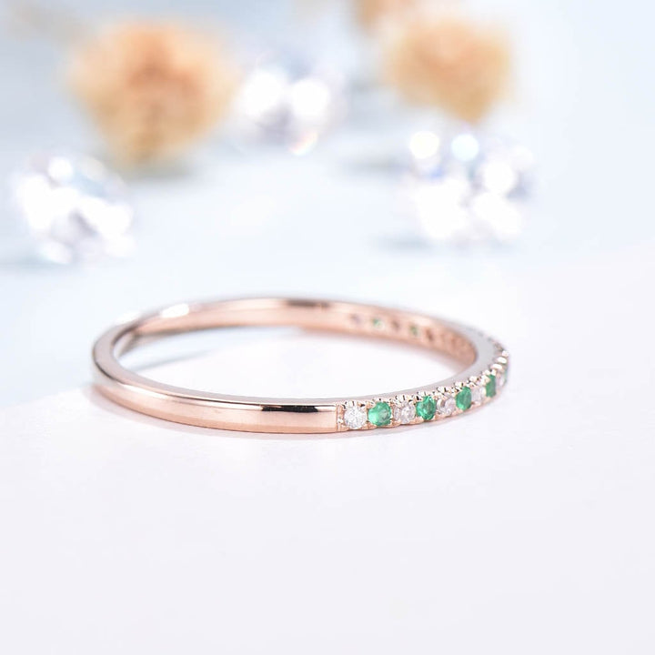 Dainty 14k Rose Gold Emerald Diamond Wedding Band - PENFINE