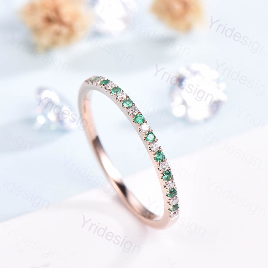 Dainty 14k Rose Gold Emerald Diamond Wedding Band - PENFINE
