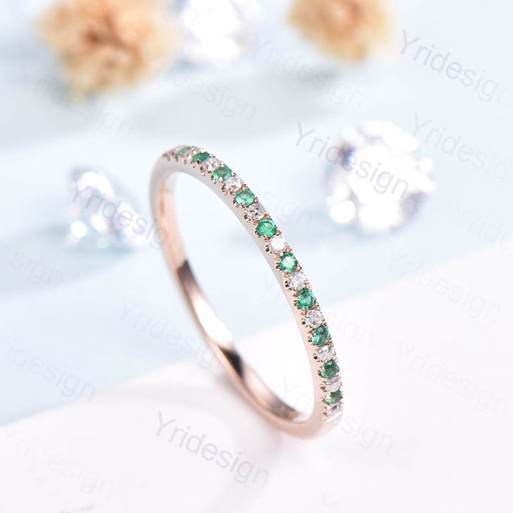 Dainty 14k Rose Gold Emerald Diamond Wedding Band - PENFINE