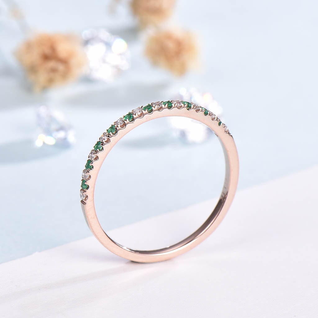 Dainty 14k Rose Gold Emerald Diamond Wedding Band - PENFINE