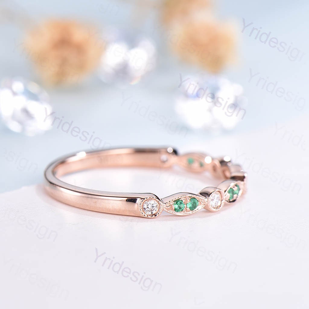 Dainty 14k Rose Gold Emerald Diamond Wedding Band - PENFINE
