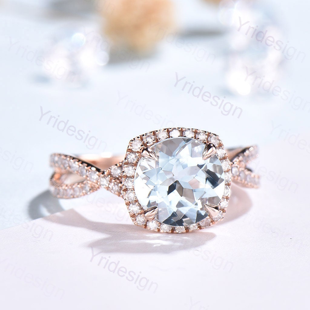 Aquamarine Engagement Ring: Rose Gold Halo, Twisted Diamond Band - PENFINE