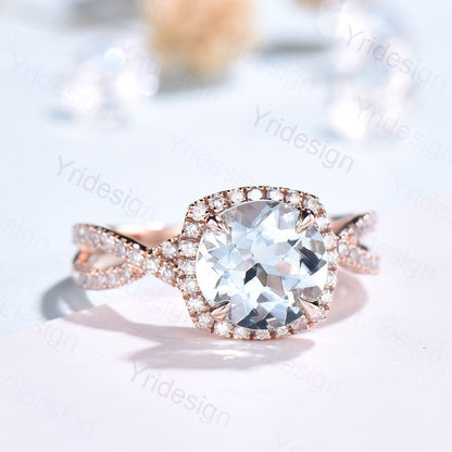Aquamarine Engagement Ring: Rose Gold Halo, Twisted Diamond Band - PENFINE
