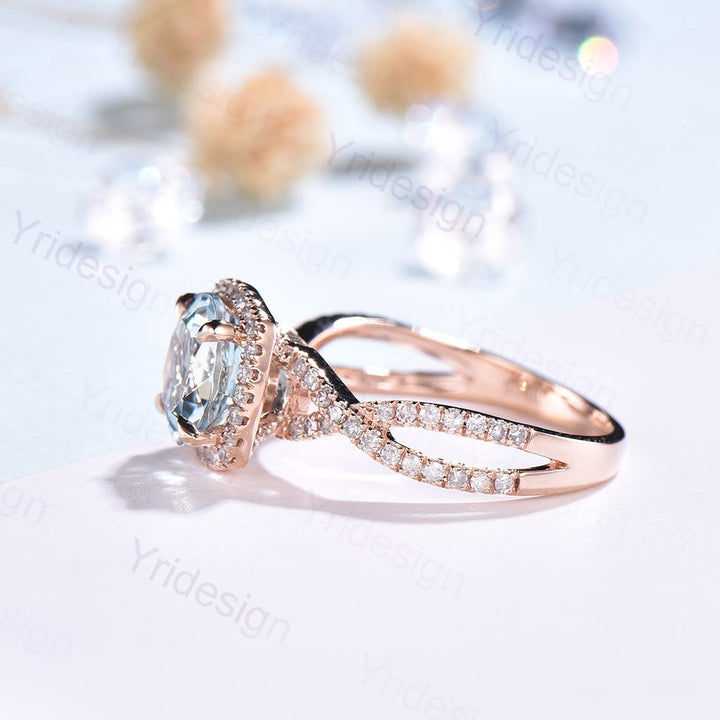 Aquamarine Engagement Ring: Rose Gold Halo, Twisted Diamond Band - PENFINE