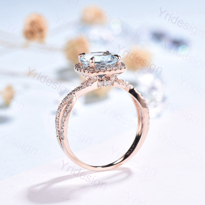Aquamarine Engagement Ring: Rose Gold Halo, Twisted Diamond Band - PENFINE