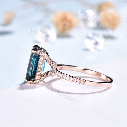 Rose Gold Emerald Cut Alexandrite Engagement Ring, Diamond Accents - PENFINE