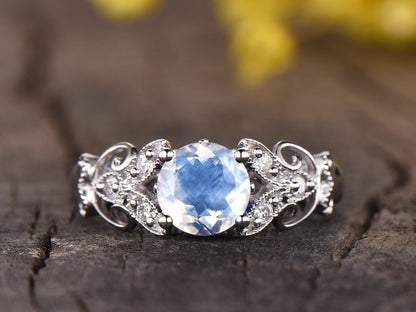 Rainbow Moonstone Engagement Ring, White Gold Floral Vintage Ring