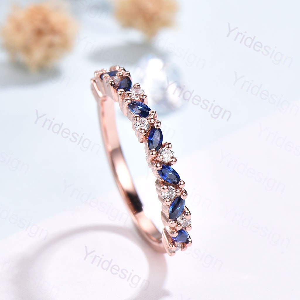 Vintage Sapphire Wedding band women rose gold marquise cut wedding band Matching Stacking half eternity Promise Simple Anniversary ring - PENFINE