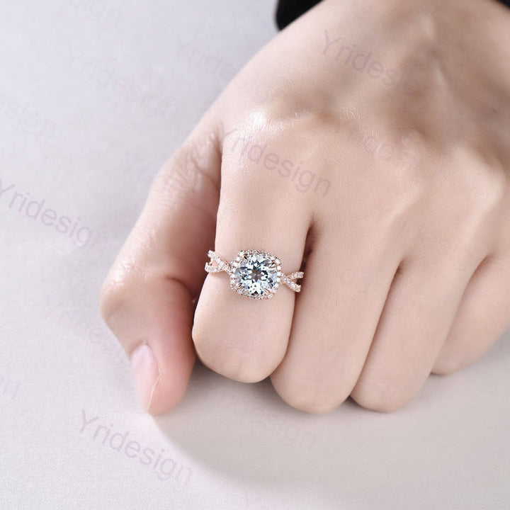 Aquamarine Engagement Ring: Rose Gold Halo, Twisted Diamond Band - PENFINE
