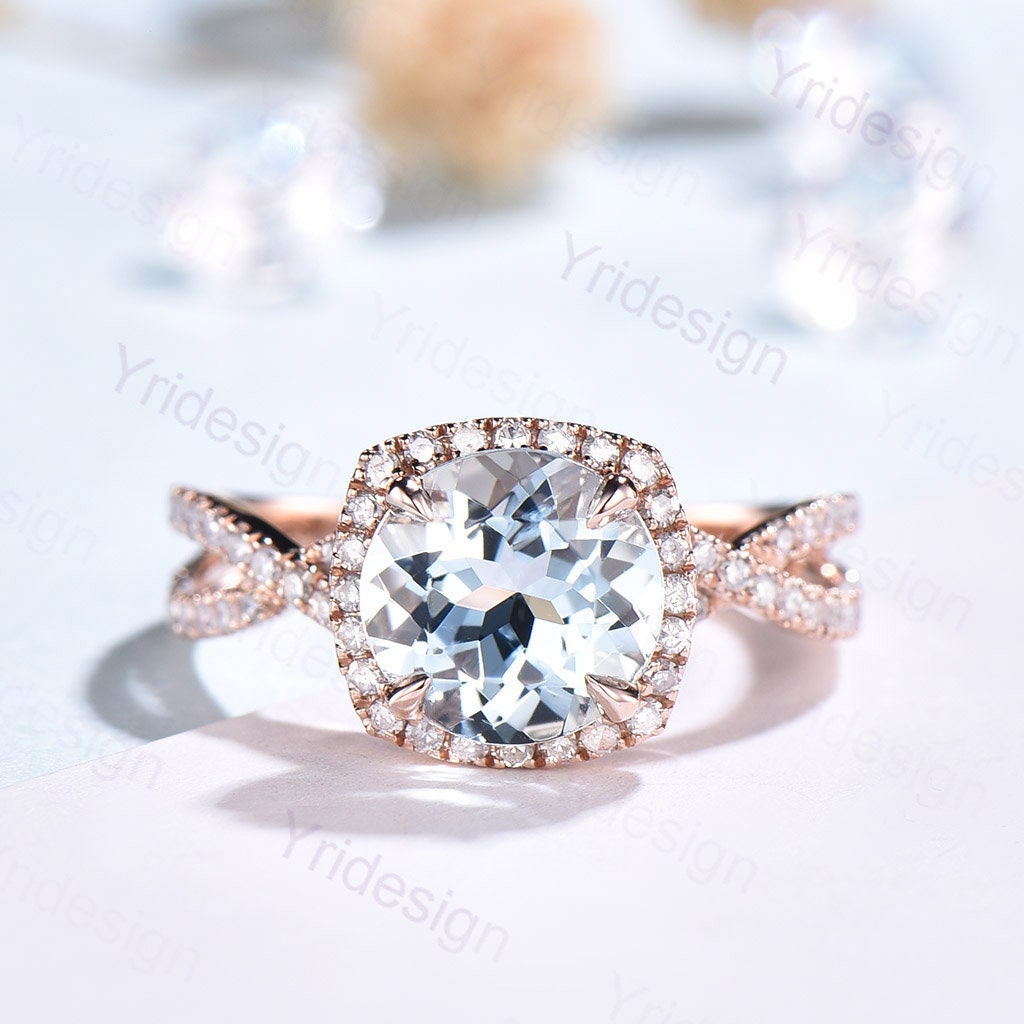 Aquamarine Engagement Ring: Rose Gold Halo, Twisted Diamond Band - PENFINE