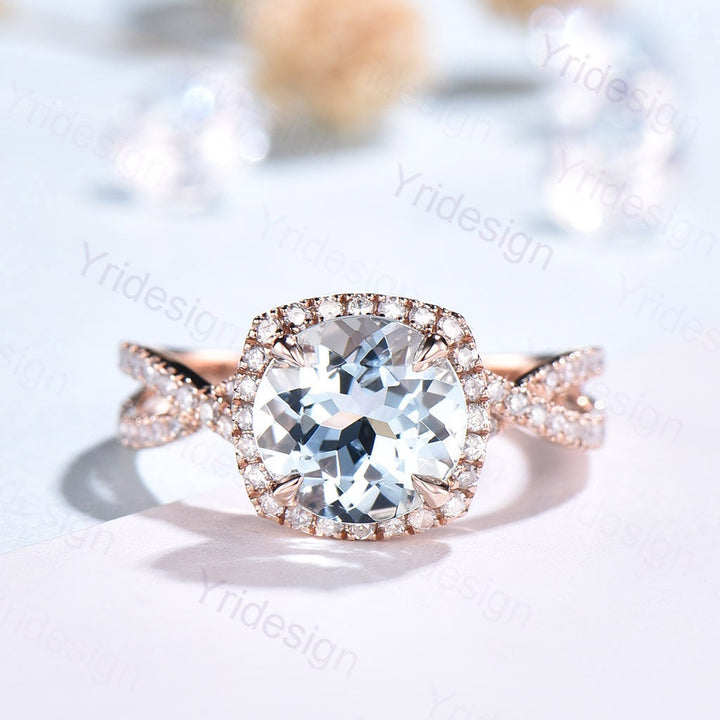 Aquamarine Engagement Ring: Rose Gold Halo, Twisted Diamond Band - PENFINE