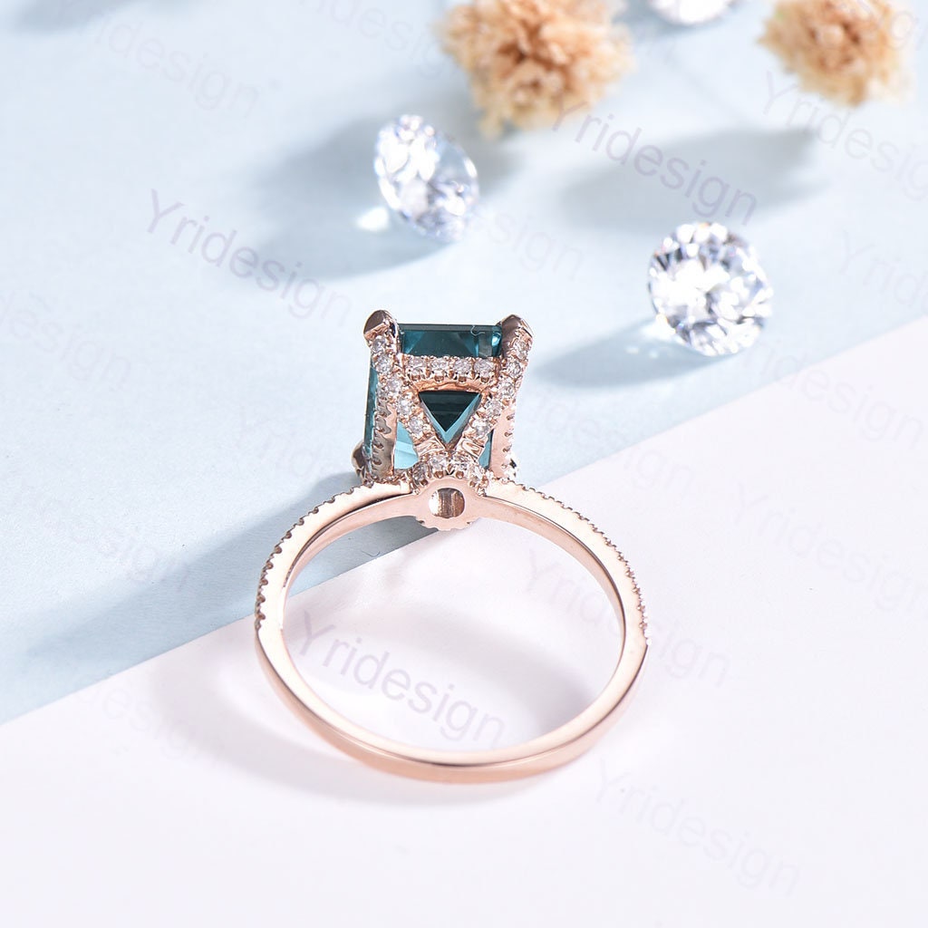 Rose Gold Emerald Cut Alexandrite Engagement Ring, Diamond Accents - PENFINE