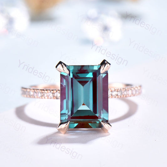 Rose Gold Emerald Cut Alexandrite Engagement Ring, Diamond Accents - PENFINE
